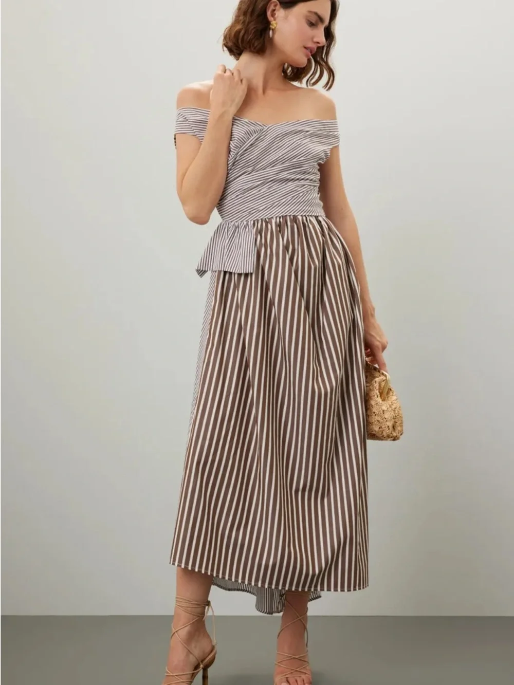 Off-Shoulder Brown and White Striped Midi Dress - Picture 1 of 4